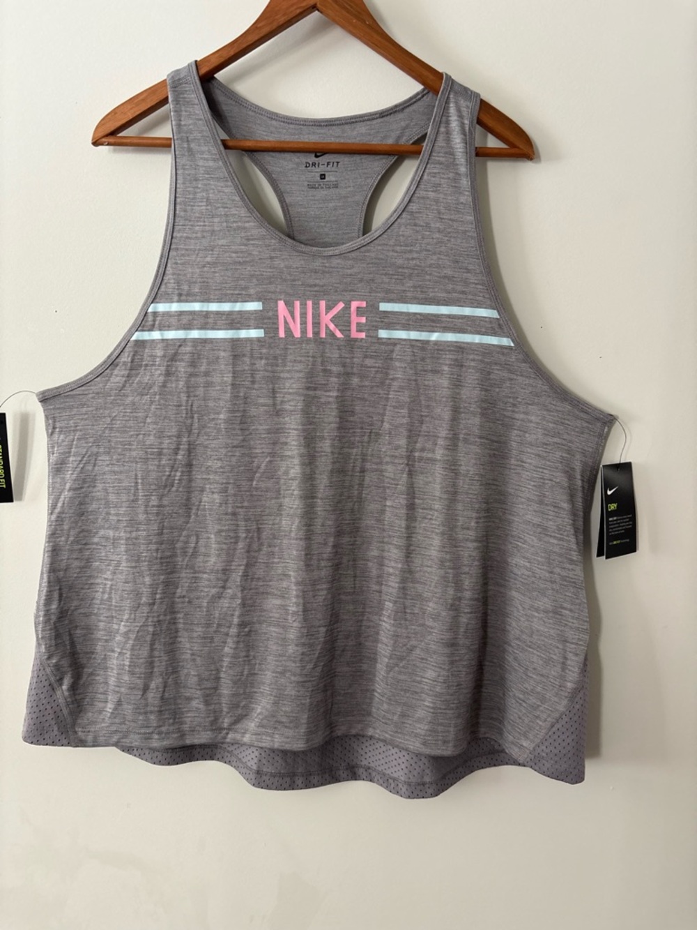 Nike Gray Racerback Tank with Pink Logo and Aqua Stripes